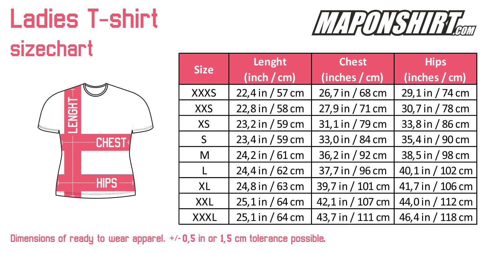 MapOnShirt T-shirt sizechart Women